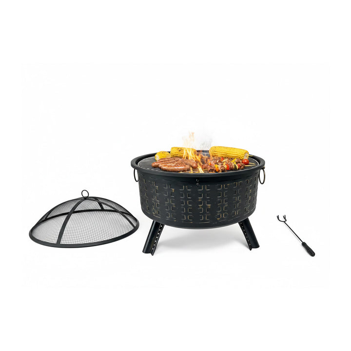 Relaxdays Feuerschale, HxØ 62 x 66 cm, mit Grillrost, Funkenschutz &amp; Schürhaken, Feuerstelle Garten,