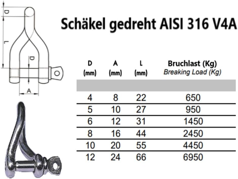 8mm 20 Stück Edelstahl Schäkel gedreht für Drahtseile AISI 316 V4A 8mm 20.0, 8mm 20.0