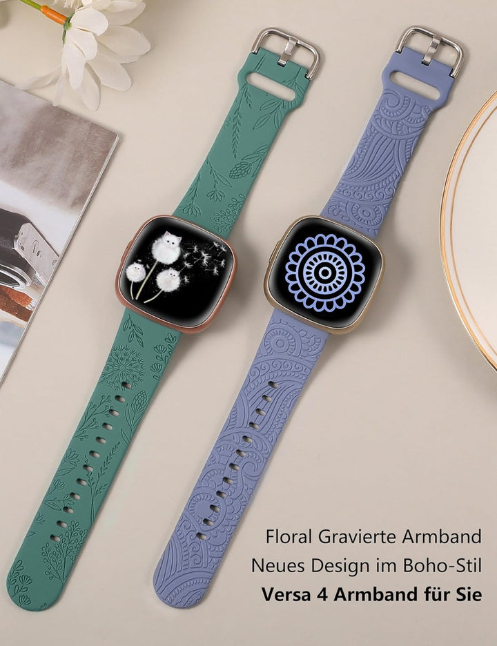TOYOUTHS 2 Stück Floral Gravierte Armband kompatibel mit Fitbit Versa 4/Versa 3/Sense 2/Sense Armban