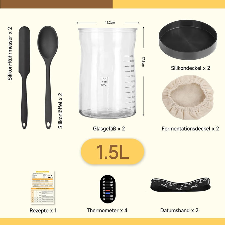Pro Sauerteig Starter Set – 1,5L Grosses Sauerteig Glas mit 17 Rezepten – Sauerteigstarter Zubehör f
