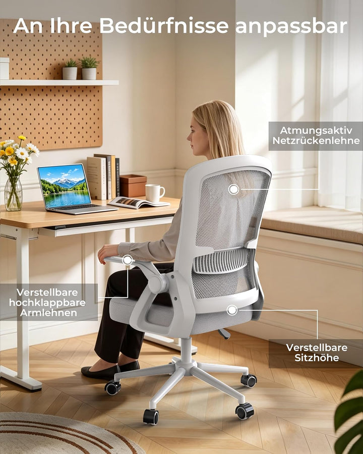 rattantree Schreibtischstuhl Ergonomischer Grau für Zuhause Büro | Bürostuhl mit Verstellbaren Armle