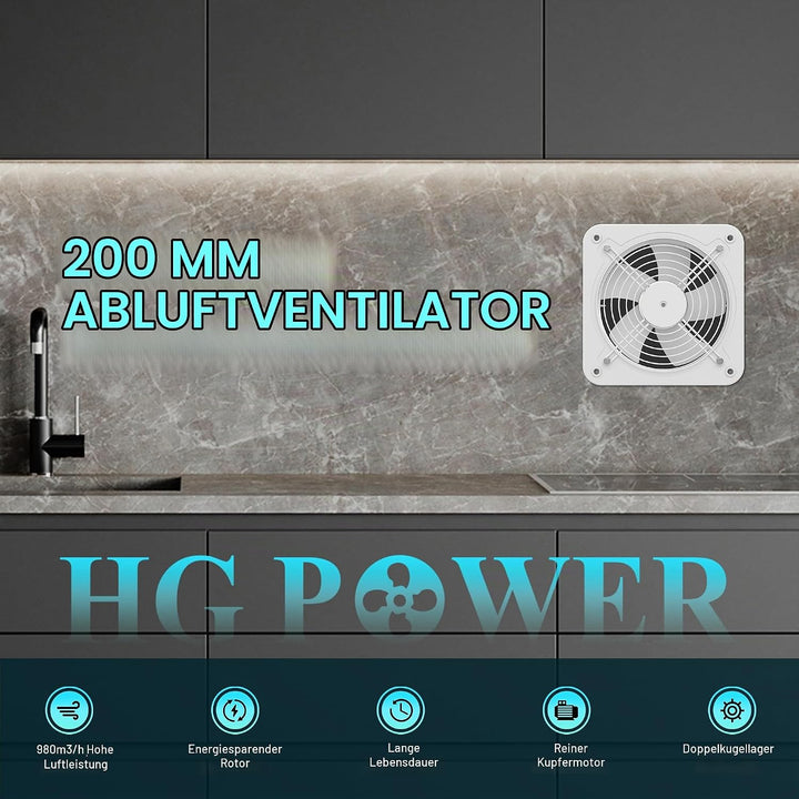 HG Power Abluftventilator 200mm - 980m³/h Badlüfter Leiser mit Rücklaufklappe, Schalter, Stecker, 53