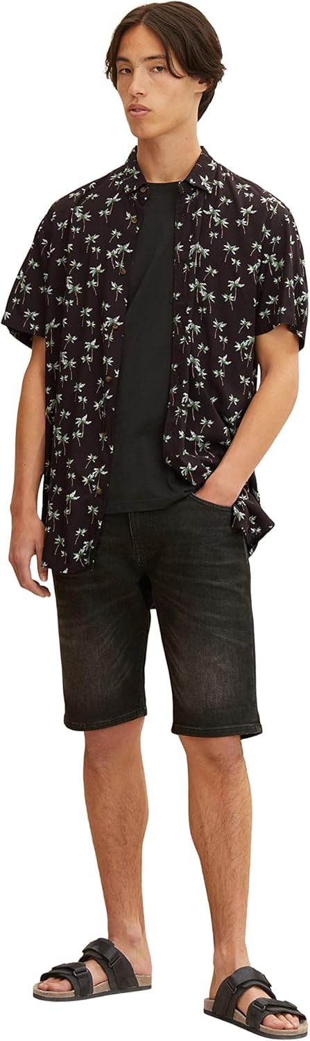 TOM TAILOR Denim Herren Relaxed Fit Kurzarmhemd S 29735 - Grey Real Palm Print, S 29735 - Grey Real