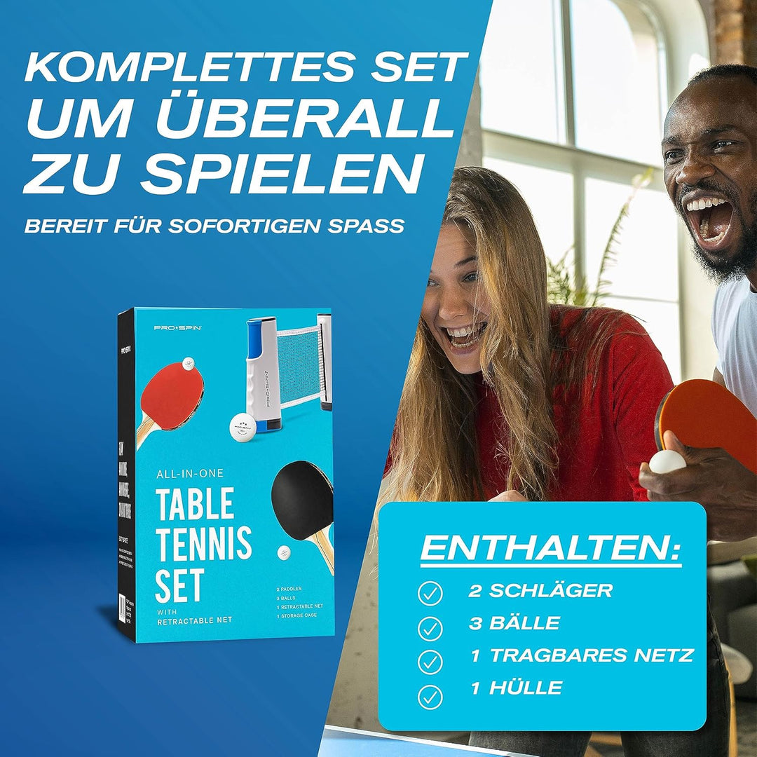 PRO-SPIN Tischtennisschläger Set - Mit Tischtennisnetz Für Jeden Tisch, Tischtennis bälle 3-Sterne,