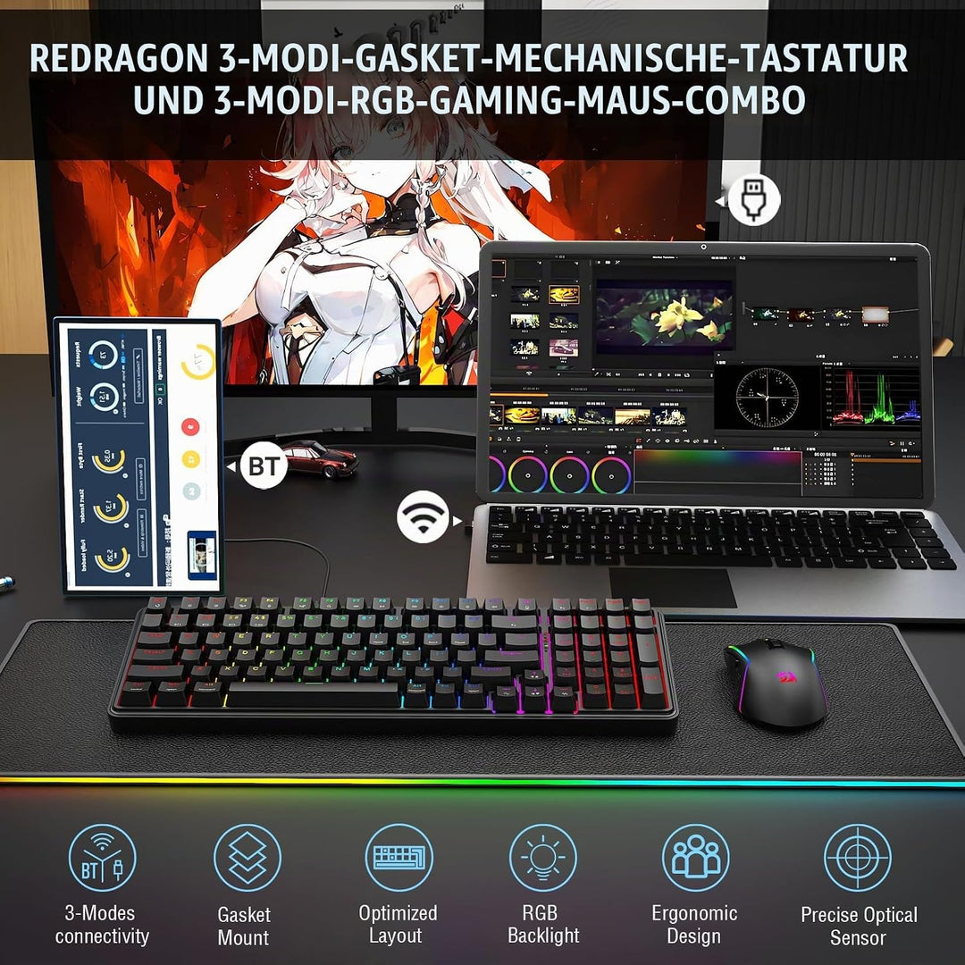 Redragon S162 3-Modus Wireless Gaming Tastatur &amp; Maus-Kombination, 99 Tasten K744 RGB Gaming-Tastatu