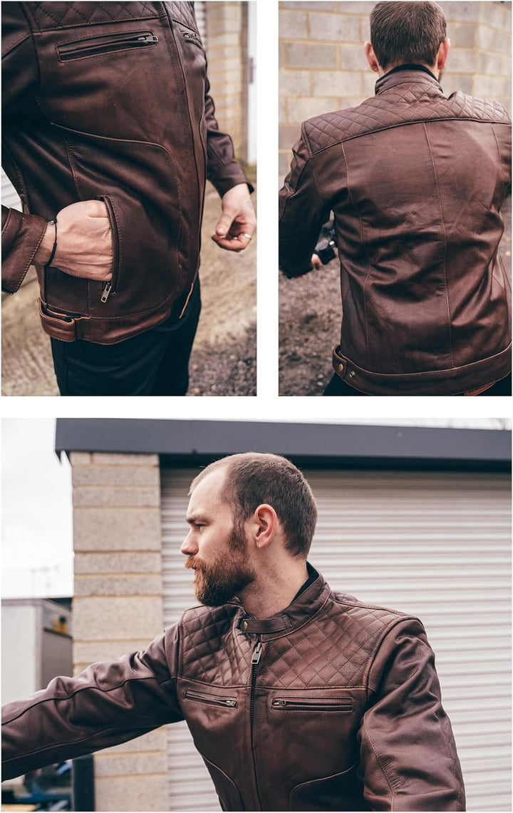 Texpeed Braun Motorrad lederjacke herren mit protektoren - Leder mit Rautensteppung - Motorrad Mit O