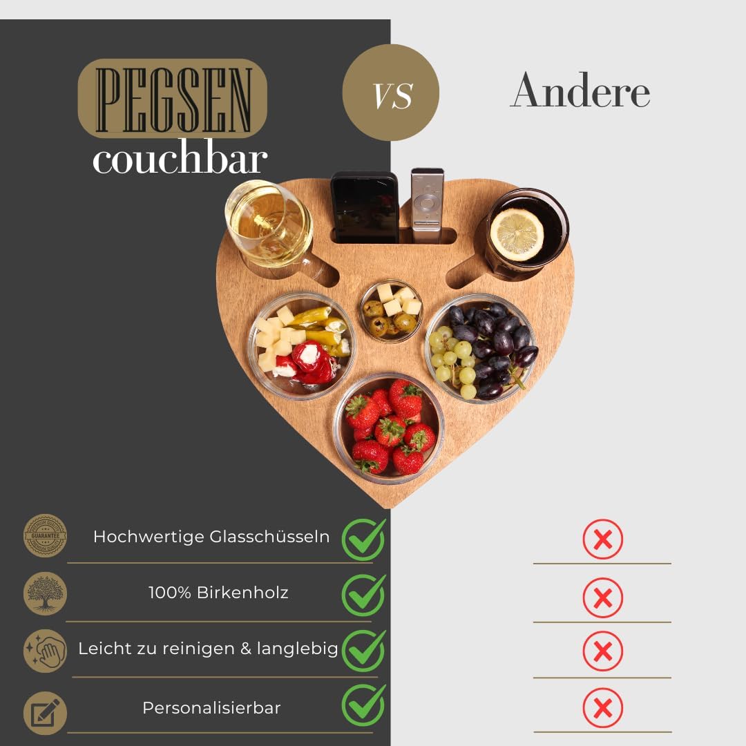 Herz Couchbar in Eiche - Couch Tablett mit 4 Glasschalen - Sofatablett für Snacks & Getränke [stabil