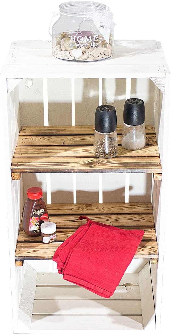 Weisse Holzkiste mit 2 geflammten Mittelbrettern 68cm x 40cm x 31cm Zwischenbretter flambiert Obstki
