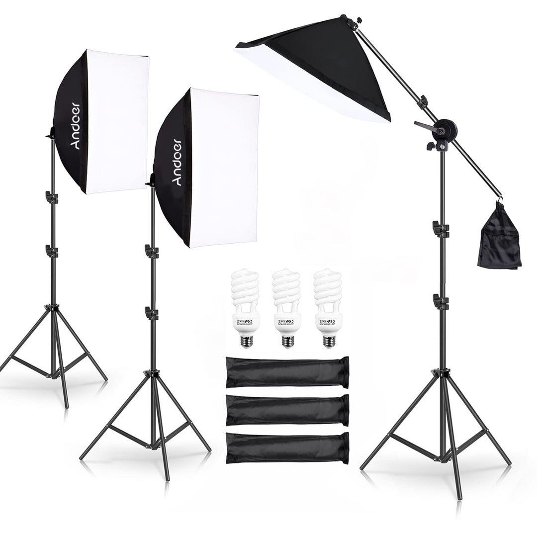 Andoer Softbox-Beleuchtungs-Set mit 3 Softboxen, 50 x 70 cm, 3 LEDs, 135 W, 3 Lichthalterungen, 2 m,
