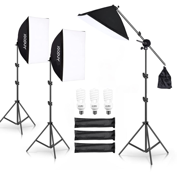 Andoer Softbox-Beleuchtungs-Set mit 3 Softboxen, 50 x 70 cm, 3 LEDs, 135 W, 3 Lichthalterungen, 2 m,
