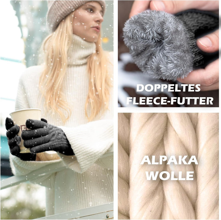 Alpaka Handschuhe Damen Fleece Doppelfutter &amp; Touchscreen - Thermo Winterhandschuhe mit Anti-Rutsch