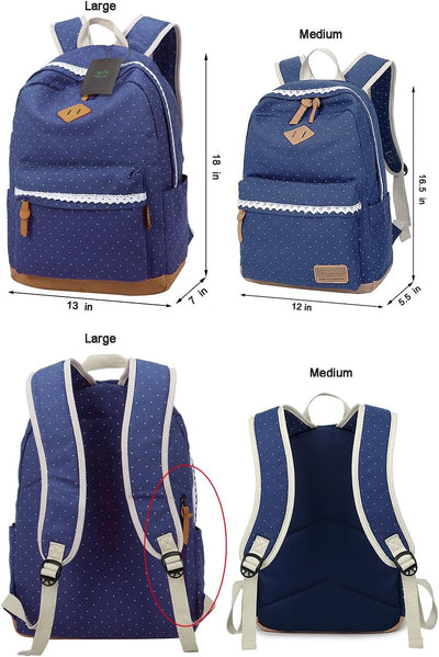 Leichte Schulrucksack mit Polka Dots Nette Canvas Schultaschen Damen Mädchen EXTRA Gross Kinderrucks