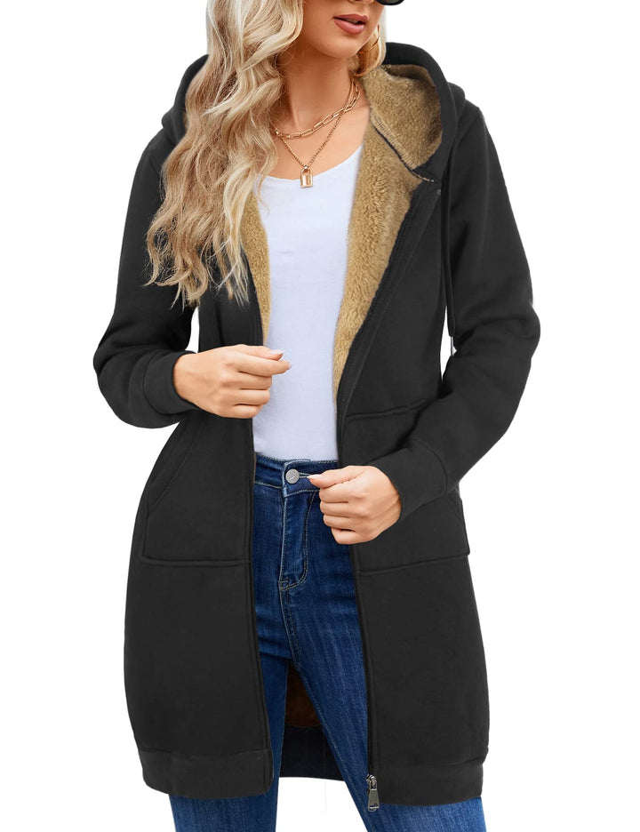 Fleecejacke Damen Lang Gefütterte Sweatjacke Dicke Strickjacke Warme Hoodie Jacke mit Reissverschlus
