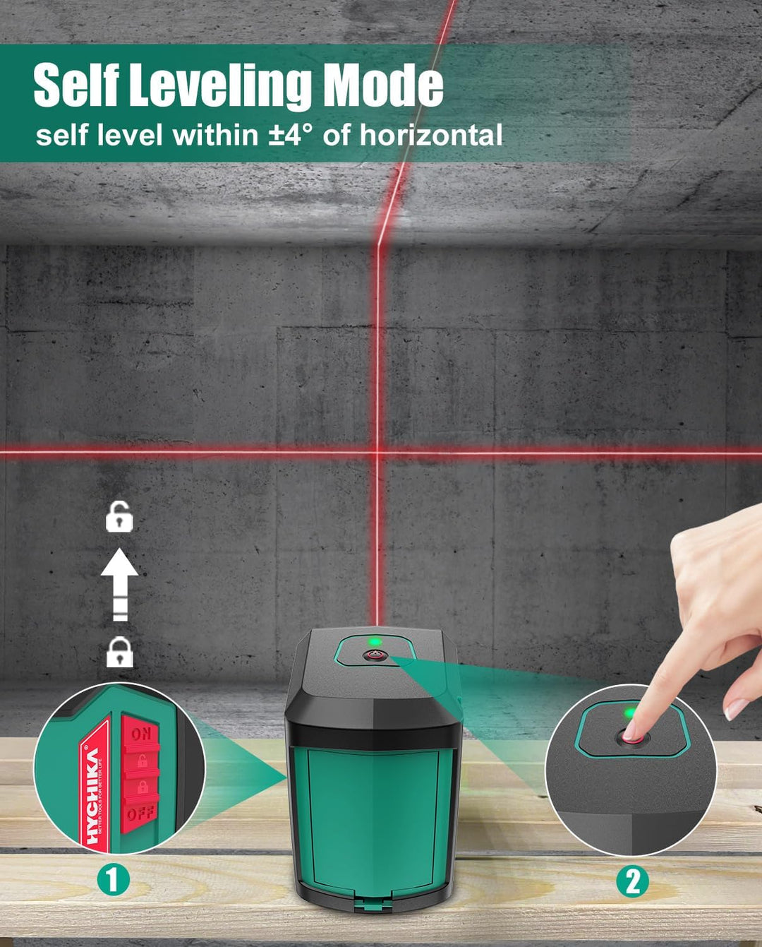 HYCHIKA Kreuzlinienlaser, Linienlaser Selbstnivellierend 15M mit Dualem Lasermodul 360°Umschaltbar H