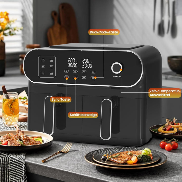 iceagle Heissluftfritteuse 2 Kammern Airfryer XXL 11L - 1700 W Heissluftfritteuse mit 2 Fächer | Dua