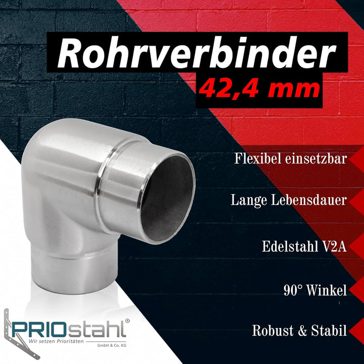 PRIOstahl Rundbogen Rohrbogen Rohrverbinder Steckfitting Eckverbinder Rund 90 Grad - 2 Stück Ø 42,4