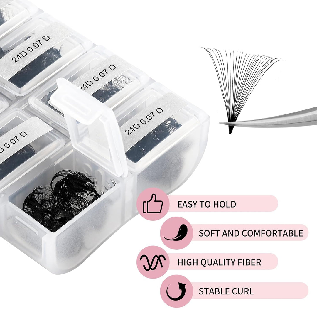 FADLASH 2024 Version Professionell Mixed 600pcs Lash Fächer 24D 14-20mm 0,07mm D Curl Fertig Volumen
