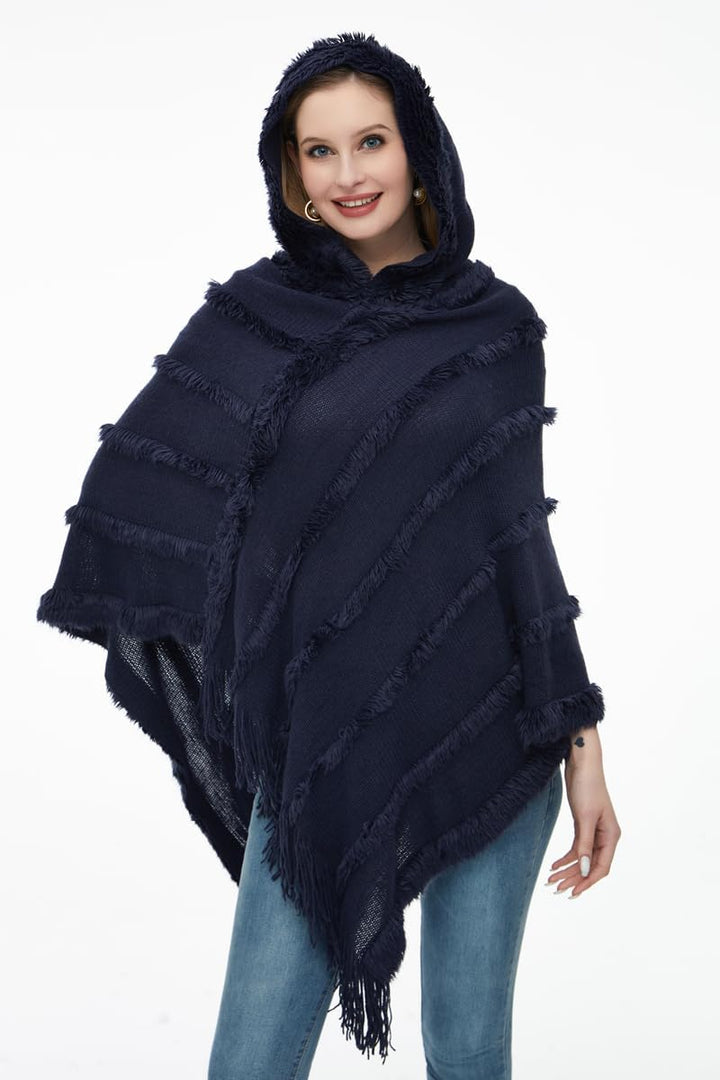 Ferand Poncho Damen mit Kapuze, Warmer Winterponcho, Gestreifte Cape Umhang mit Fransen Elegant Navy