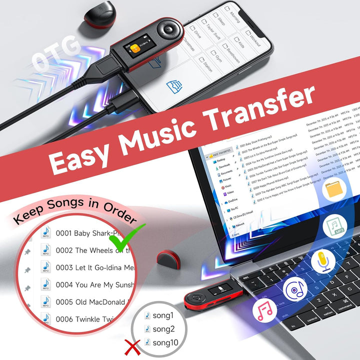 64GB MP3 Player mit Bluetooth 5.3, USB Plug & Play, Nur 28g, Physische Tasten für Blindbedienung, Cl