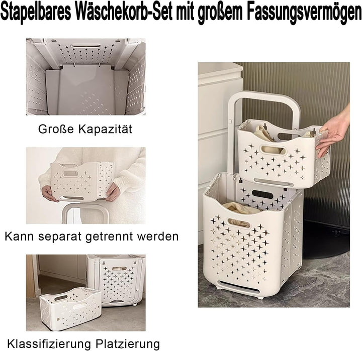 Hooha Faltbarer Wäschekorb Auf Rollen 2 Fächer Wäschekorb Plastik 77 Liter Wäschewagen für Schmutzwä