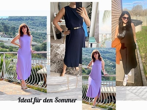 AUSELILY Maxikleider Damen Sommer Ärmellos Strandkleid Lang Sommer-Kleider Tank T-Shirt Kleid mit Ta
