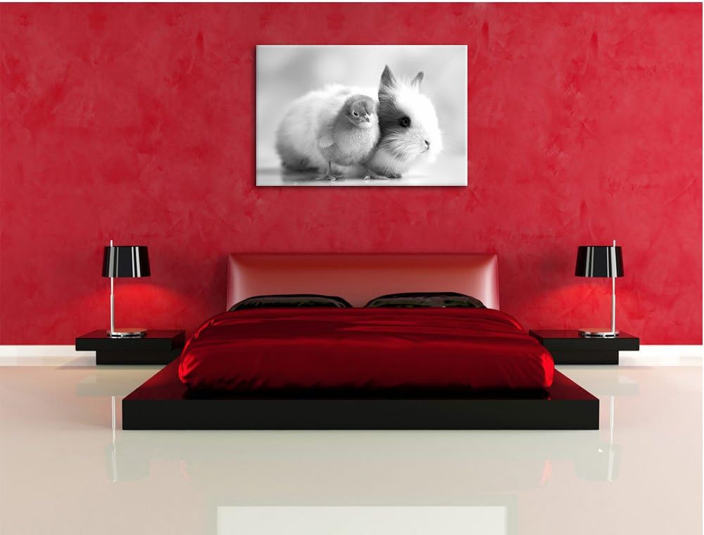 Pixxprint Küken mit Häschen / 100x70cm Leinwandbild bespannt auf Holzrahmen/Wandbild Kunstdruck Deko