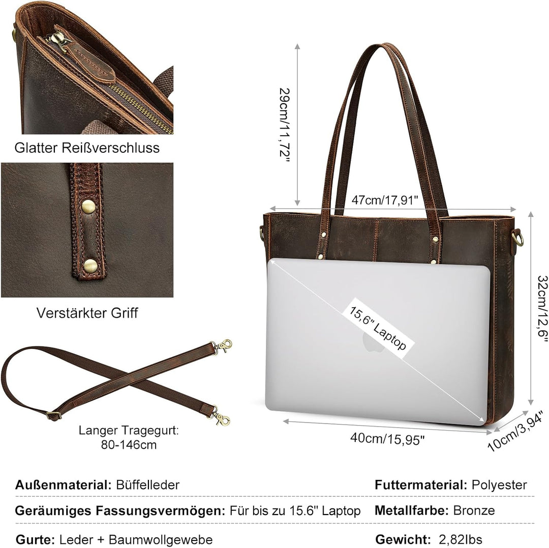 S-ZONE Damen Umhängetasche Echtleder Schultertasche Grosse Handtasche Arbeitstasche Dunkelbraun-l, D