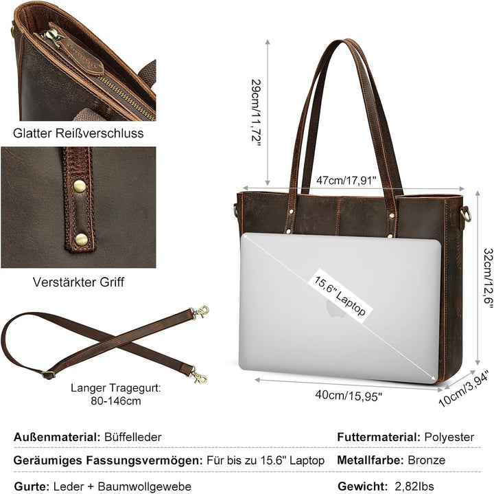 S-ZONE Damen Umhängetasche Echtleder Schultertasche Grosse Handtasche Arbeitstasche Dunkelbraun-l, D
