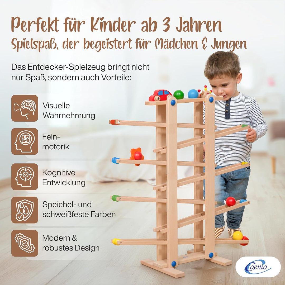 Stabile Kugelbahn XL aus Holz Natur, 7 niedliche Mobile wie Auto, Blume, Kasper, Kugel, grosse Murme