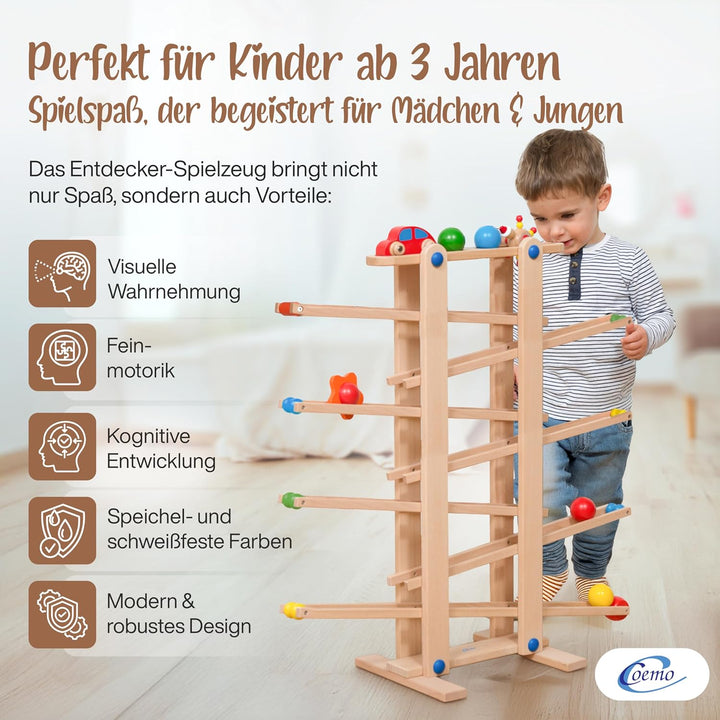Stabile Kugelbahn XL aus Holz Natur, 7 niedliche Mobile wie Auto, Blume, Kasper, Kugel, grosse Murme