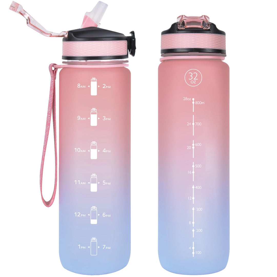 NAVTUE 1 Liter Sport-Wasserflasche mit Strohhalm und Zeitmarkierungen, auslaufsichere Tritan-Trinkfl