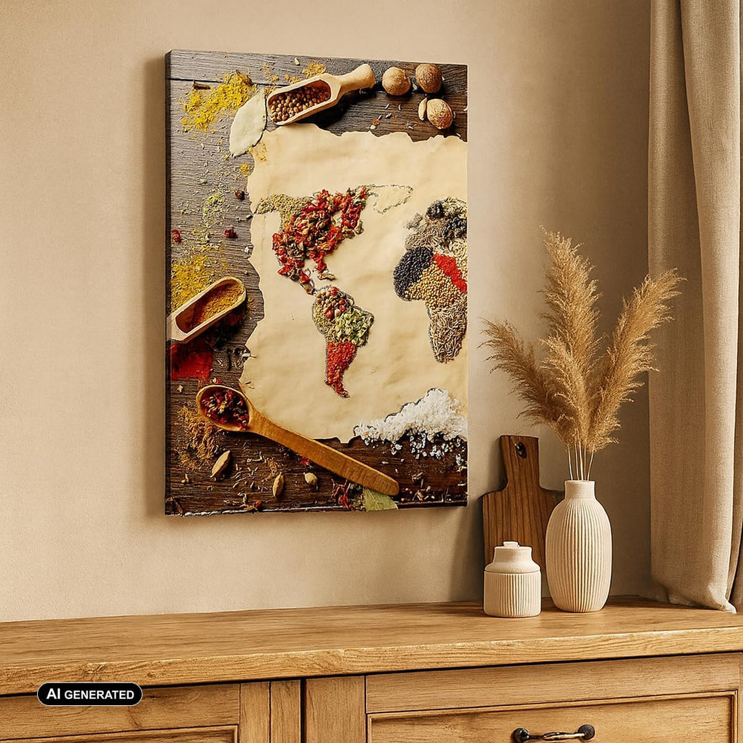 Bilder auf Leinwand Welt Karte Gewürze Farben Leinwandbild mit Rahmen 45x80cm Wandbilder Dekoration