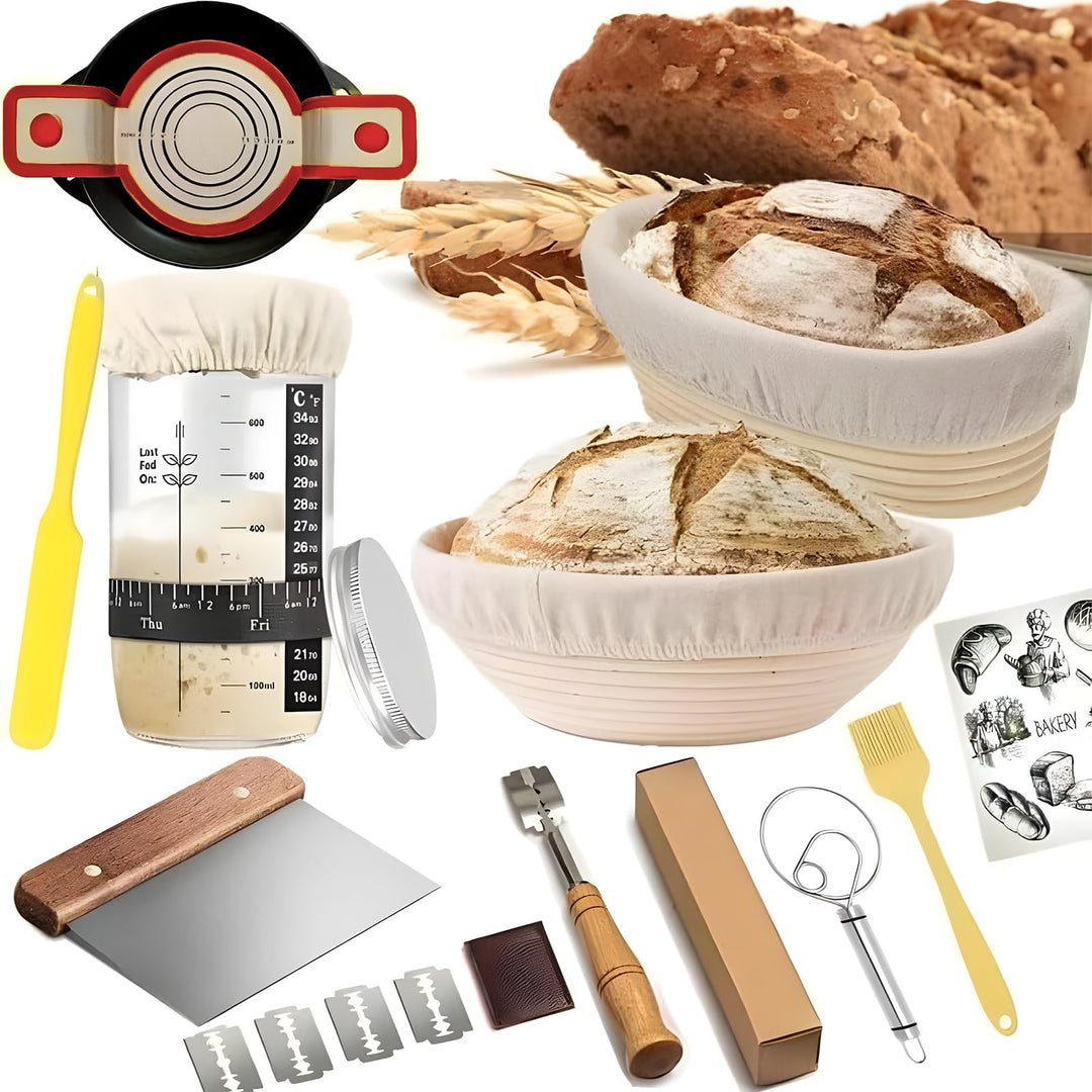Gärkörbchen Rund & Oval - Brot Backen Set mit Bäckermesser, Pinsel, Leinen, Teigschneider - 100% nat