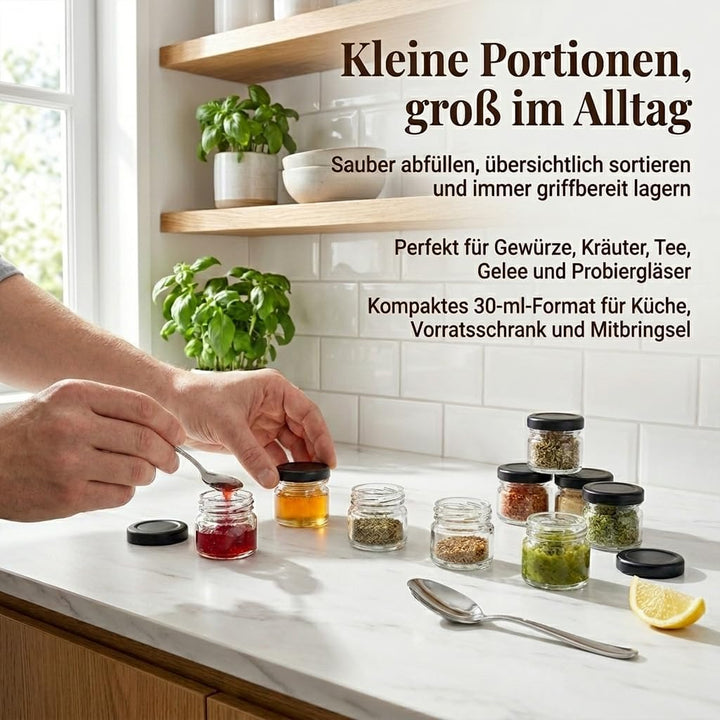 gouveo 48er Set Einmachgläser 30 ml (0,03 l) Mini mit Schraubverschluss schwarz-matt – Runde Mini Vo