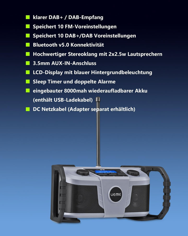 Baustellenradio DAB+ FM mit Akku, IP54 Wasserdicht & Staubdicht, Akku-Laufzeit bis 10h, 6W Stereo La