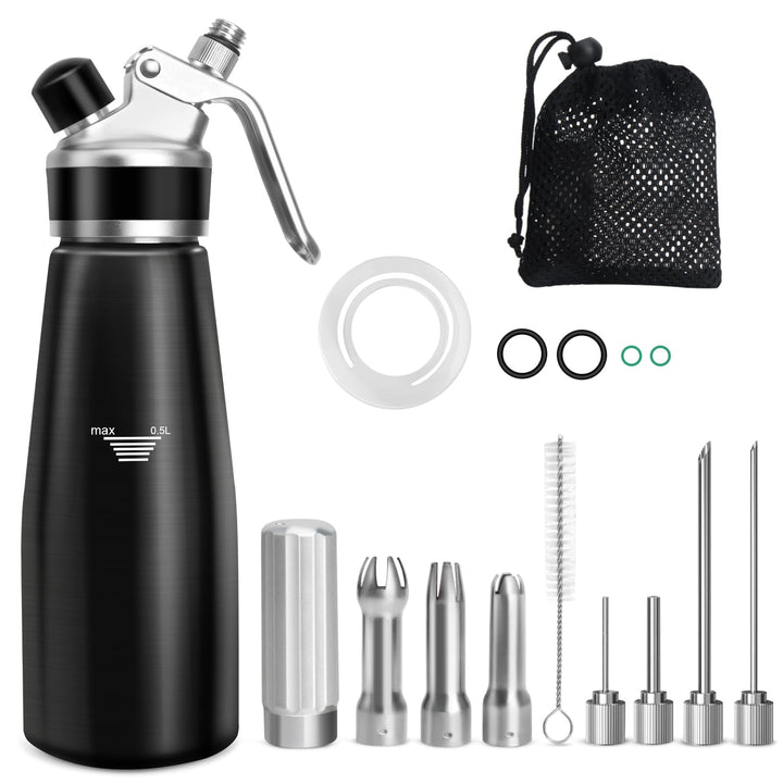 Sahnespender,Sahnesyphon Aluminium 500ml für Schlagsahne,Cremes,Desserts und Sossen mit 3 Edelstahl