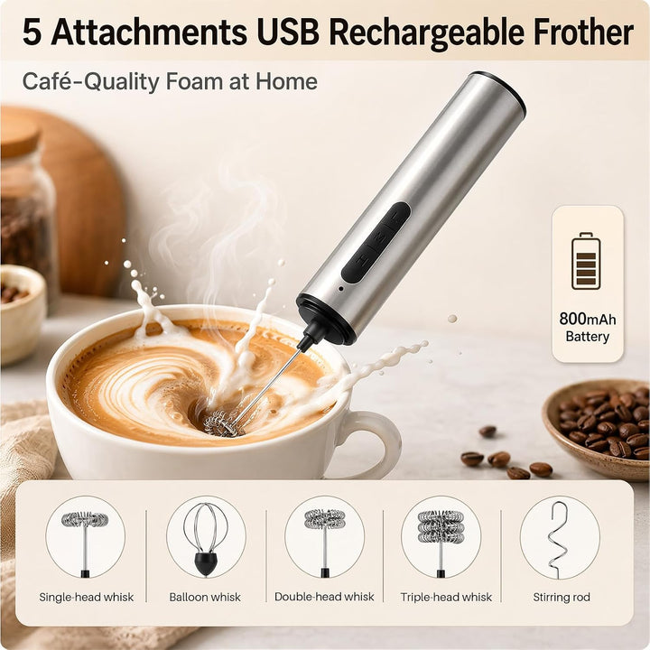 Elektrischer Milchaufschäumer USB-C Aufladbar mit 5 Aufsätzen &amp; 3 Geschwindigkeiten – Edelstahl Hand