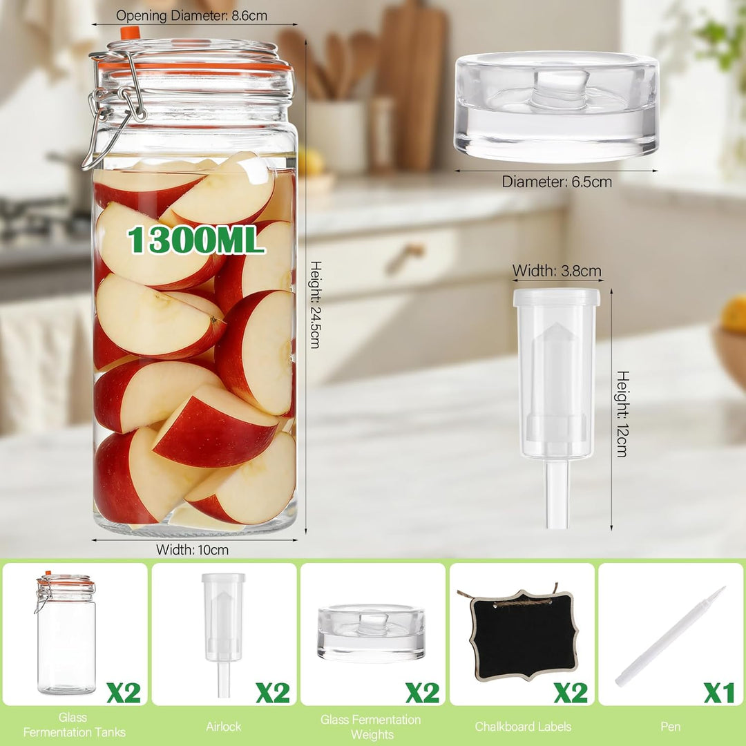 2 Stück Fermentierglas,1300ml Fermentationsglas mit Deckel, Einmachglas mit Gärventi & Gewicht, Ferm