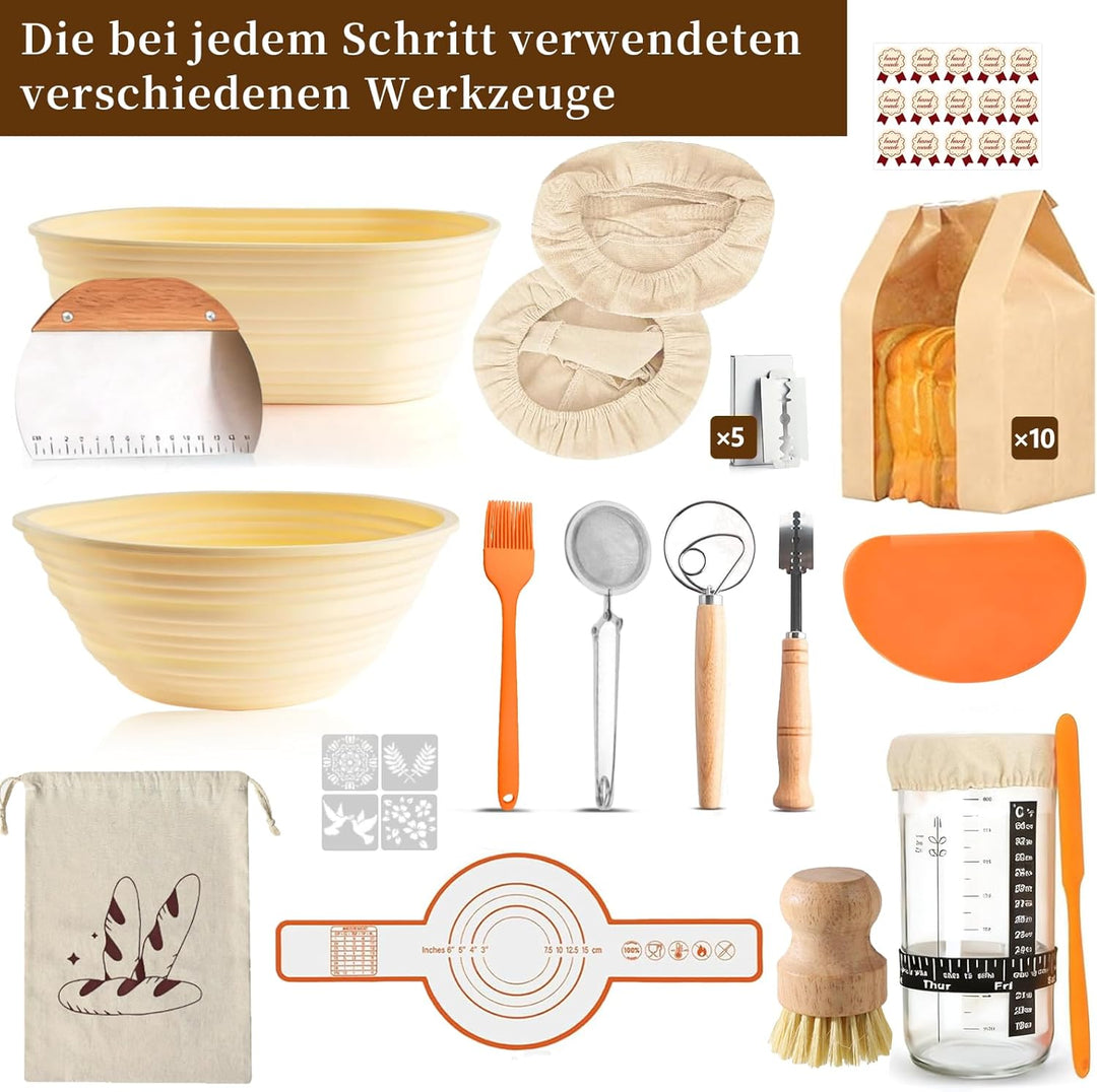 31 Stück Gärkörbchen für Sauerteig Starter Set,Gärkorb aus Silikon Brotlahme, kompletter Brotgärkorb