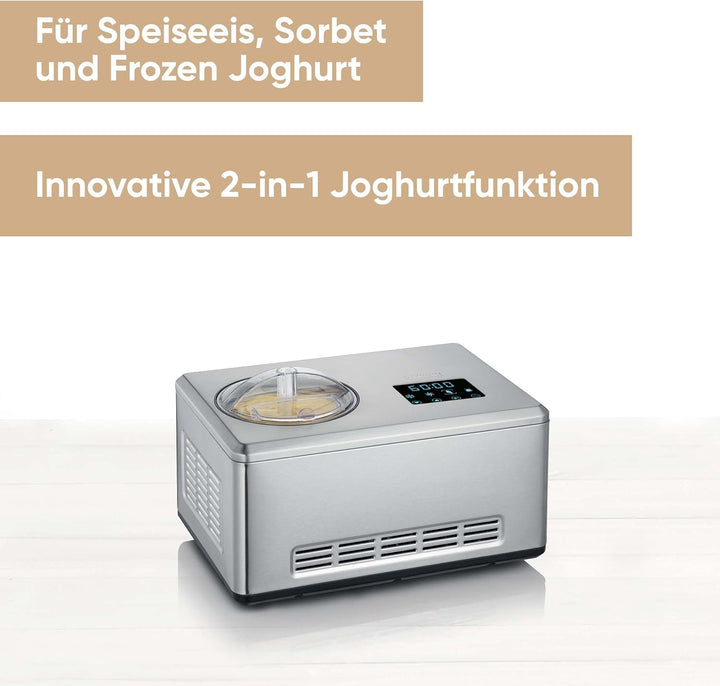 Severin 2-in-1 Eismaschine mit Joghurtfunktion, Inkl. Eisbehälter (2L) und Rezeptbuch, Digitaler Tim