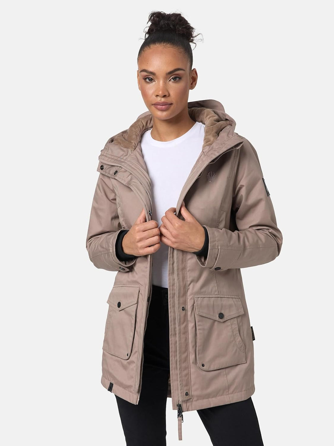 Navahoo Damen Übergangsjacke Warmer Kurzmantel Regenjacke mit Kapuze Brinjaa XS-XXL S Taupe Grey, S