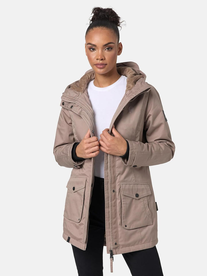 Navahoo Damen Übergangsjacke Warmer Kurzmantel Regenjacke mit Kapuze Brinjaa XS-XXL S Taupe Grey, S