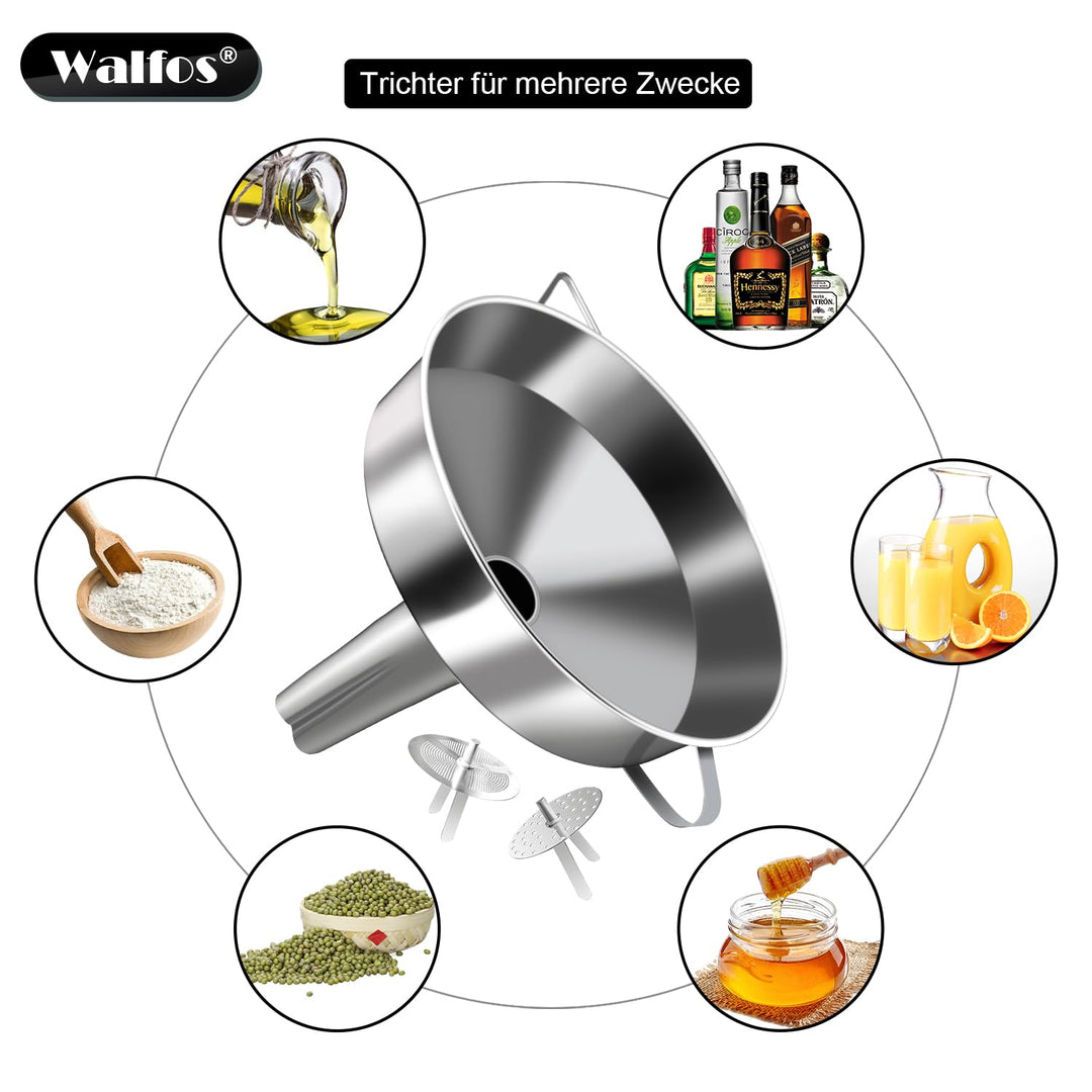 Walfos Trichter Edelstahl Gross 20cm, KüChentrichter Mit 2 Abnehmbaren Sieben ＆ 1 StüCk Reinigungsbü