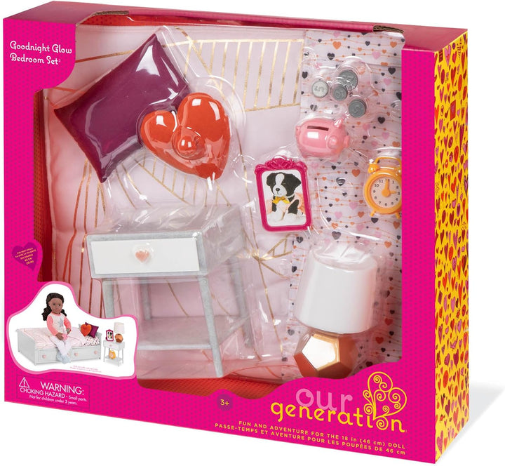 Our Generation – Goodnight Glow – 46 cm Puppe Zubehör – Bettwäscheset – Puppenhausmöbel – Vorgetäusc