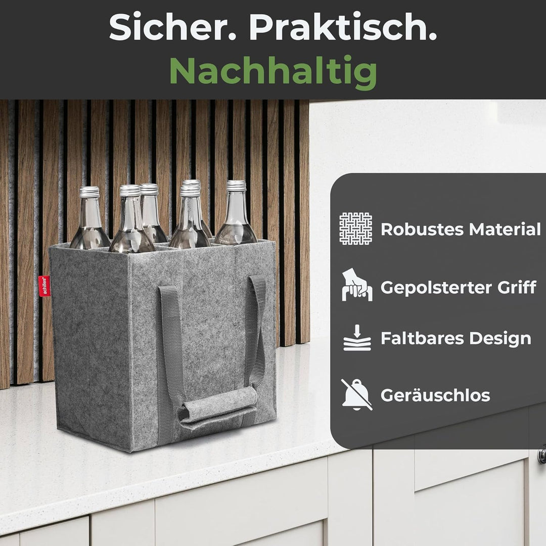 achilles Flaschentasche 6 Fächer je 1,5 Liter – 100% recycelter Filz – Reissfester Flaschenkorb – Fa
