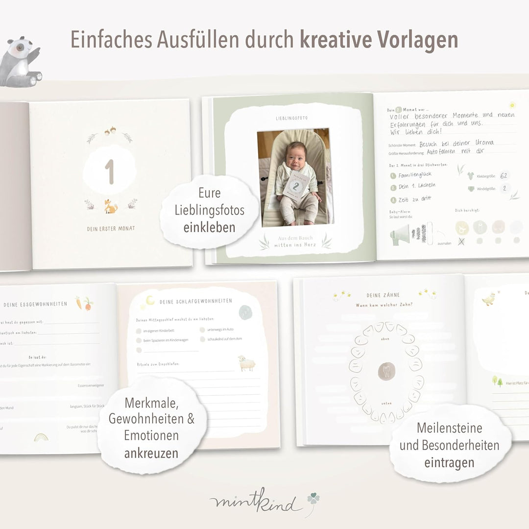 mintkind® Mein erstes Jahr Babyalbum Beige Leinen – zeitloses Babytagebuch mit 176 Seiten und Sticke