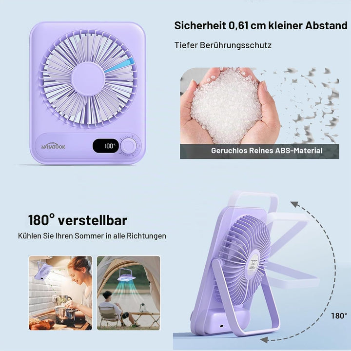 WHATOOK USB-Tischventilator Leise: Stufenlos 1-100 Regler, 5000mAh Akku Wiederaufladbarer Ventilator