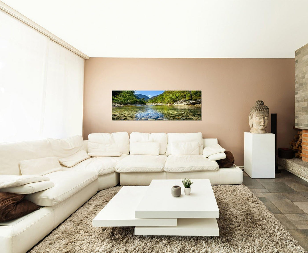 Paul Sinus Art Panoramabild auf Leinwand und Keilrahmen 150x50cm Wald Bach Steine Wildnis Natur Somm