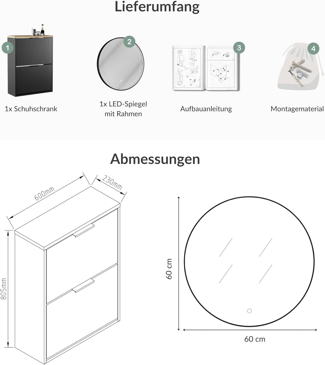 Planetmöbel Schuhschrank schmal inkl. runder Spiegel mit Beleuchtung 60 cm (3 Lichtstufen) Schuhkomm