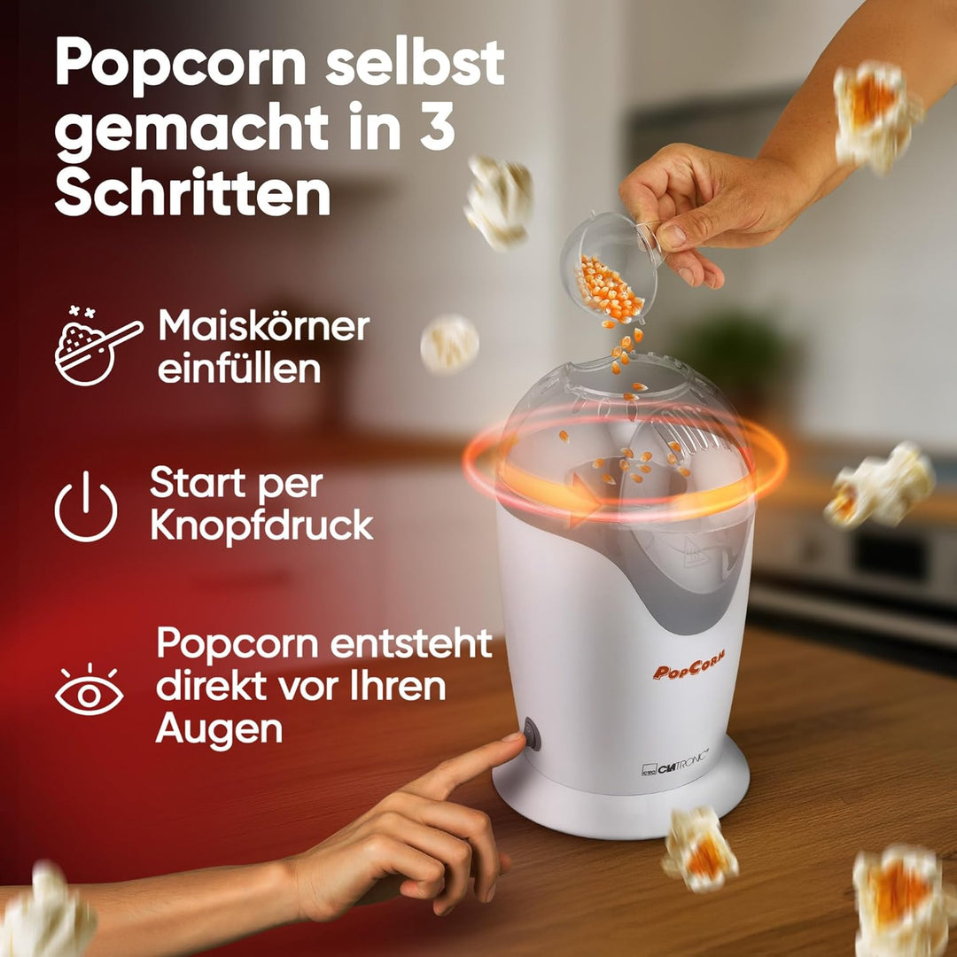 Clatronic Popcornmaschine, schnelle Zubereitung, Popcorn in 2 Min., Herstellung mit Heissluft, ohne